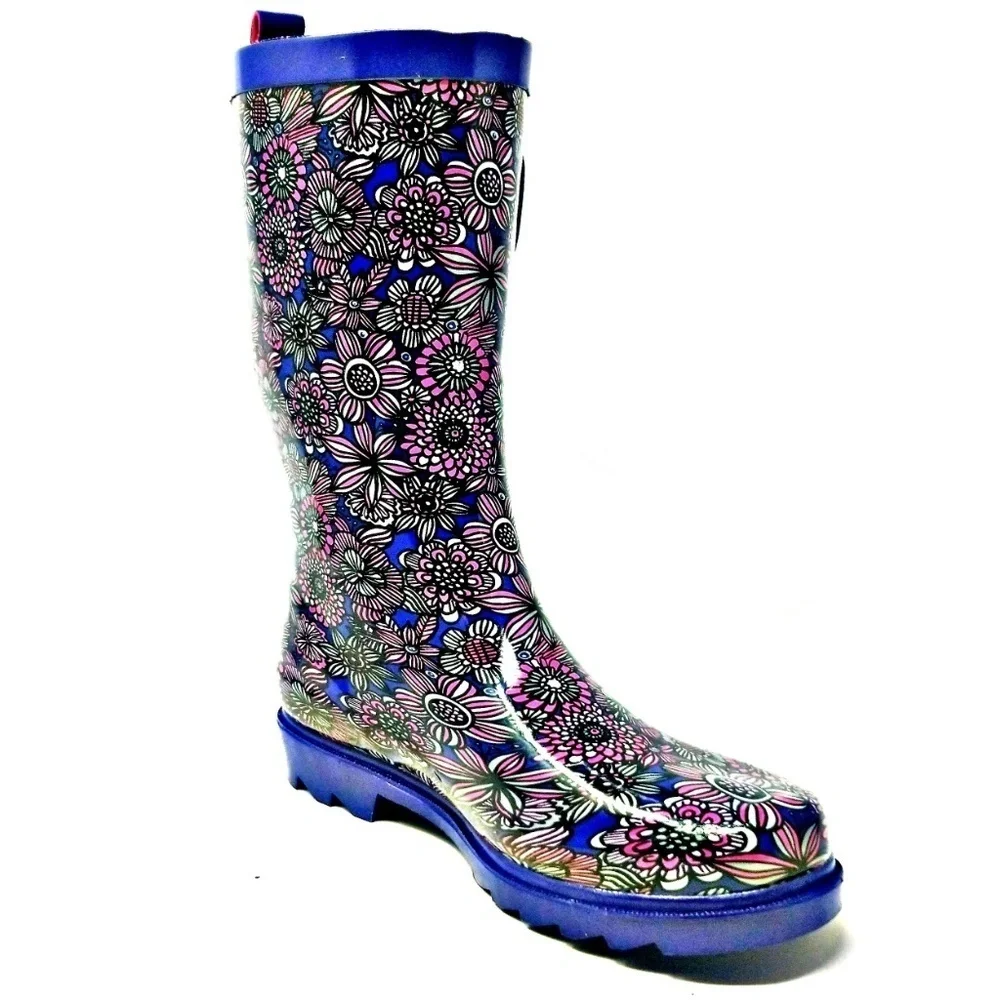 Women's Rainboots, Mid Calf Waterproof Rubber Rain Boots, RB-3155, Blue